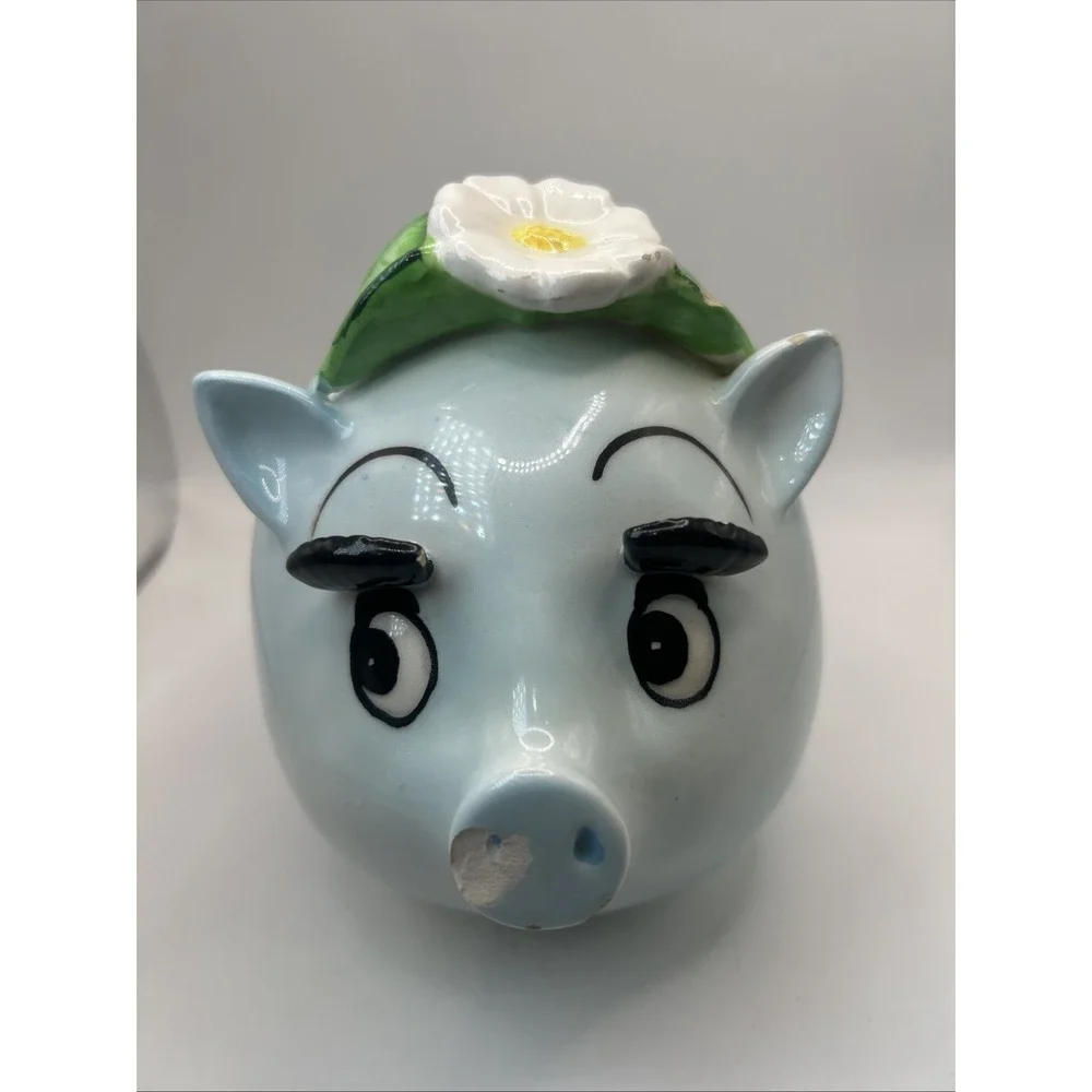 Ceramic Anthropomorphic Blue Piggy Bank Daisy Flower Long Eyelashes Vintage